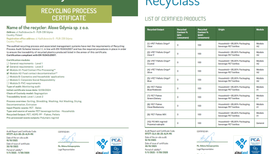 A new milestone reached: our Gdynia site obtains RecyClass GM + A1 + A2 certification