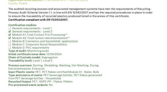 A new milestone reached: our Gdynia site obtains RecyClass GM + A1 + A2 certification
